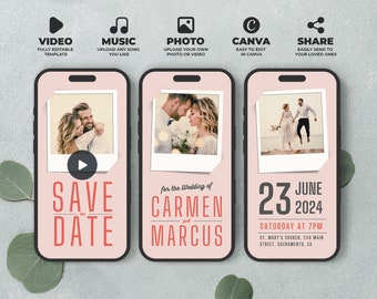 Animated Retro Save the Date Template, Wedding Video Invite, Digital Canva Template with Your Own Photo and Music, Instant Download, BW008