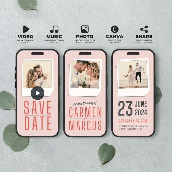 Animated Retro Save the Date: Wedding Video Invite Canva Template (Digital Download) BW008