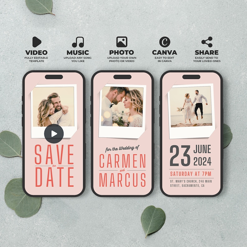 May include: A pink and white mobile phone screen with a save the date announcement for Carmen and Marcus's wedding on June 23, 2024. The announcement includes a photo of the couple and details about the wedding ceremony.