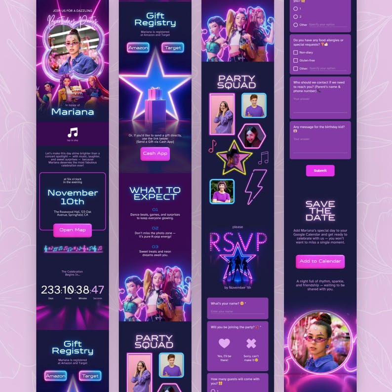 May include: A digital invitation for a birthday celebration, featuring a photo of Mariana. The design is predominantly purple with accents of pink and white, including text such as "November 10th" and "RSVP".