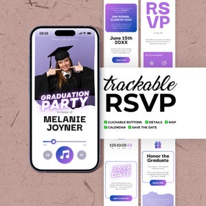 May include: A smartphone displays a graduation party invitation for Melanie Joyner. The invitation includes the date, time, and location. The design features a graduate in a cap and gown, with the words "Graduation Party".