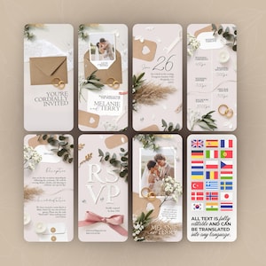 Op de afbeelding: Een verzameling trouwkaart sjablonen met een neutraal kleurenpalet. De ontwerpen bevatten foto's, tekst en decoratieve elementen zoals bloemen, linten en gouden ringen. De tekst bevat de namen "Melanie en Terry" en de datum "26 juni".