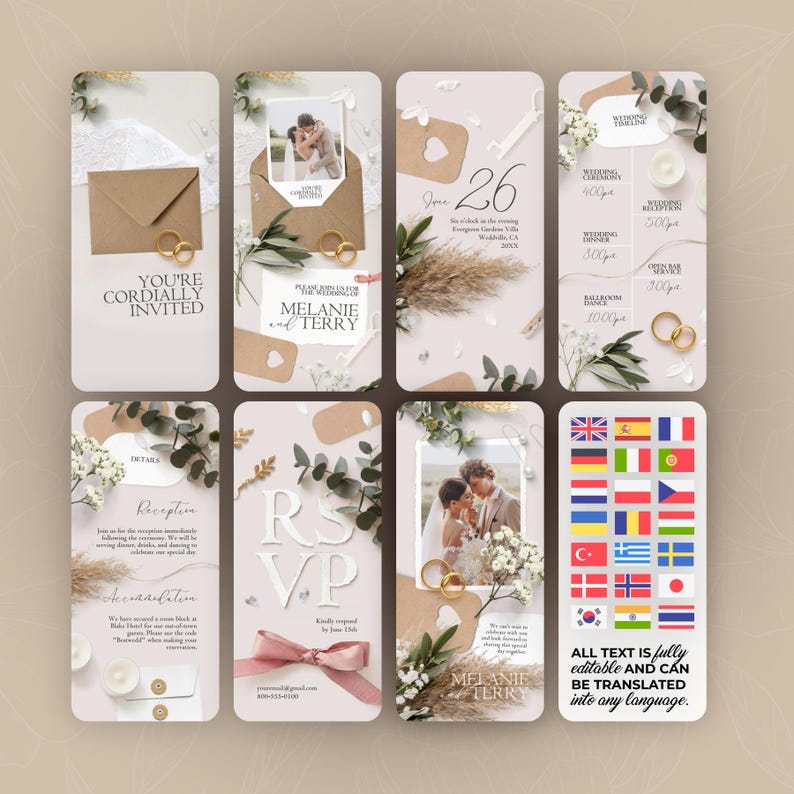 Op de afbeelding: Een verzameling trouwkaart sjablonen met een neutraal kleurenpalet. De ontwerpen bevatten foto's, tekst en decoratieve elementen zoals bloemen, linten en gouden ringen. De tekst bevat de namen "Melanie en Terry" en de datum "26 juni".