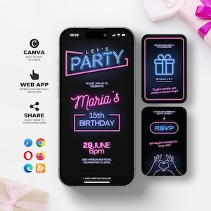 Puede incluir: Una invitación digital de cumpleaños de color rosa y azul neón para el 15º cumpleaños de María. La invitación incluye la fecha, la hora y el lugar de la fiesta. También incluye un enlace a un sitio web donde los invitados pueden confirmar su asistencia y ver una lista de deseos.