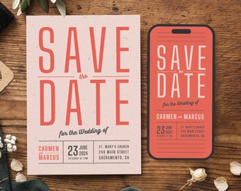 Chic Retro Save the Date Template, Pink Minimalist Save the Date Card with Vintage Touch, Printable & Electronic Canva Template, BW008