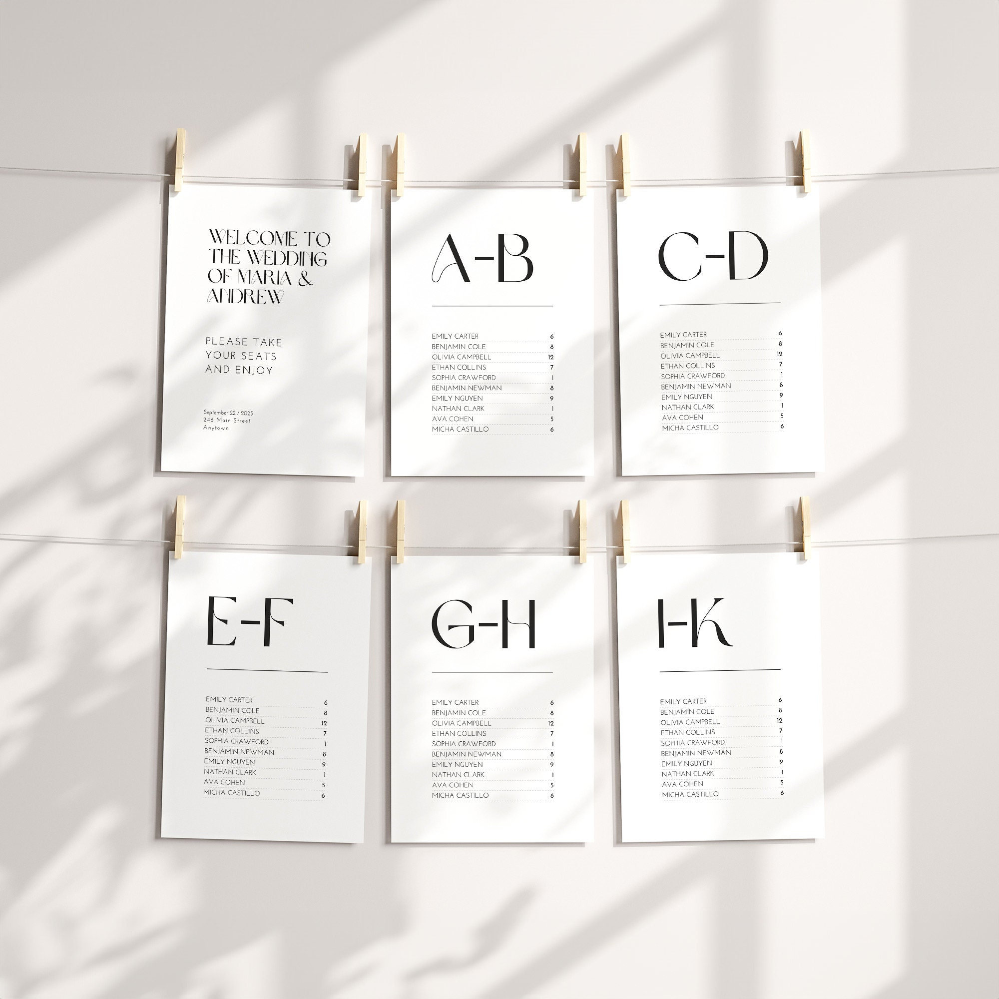 Wedding Seating Arrangement Template, Alphabetical Seating Chart Cards, 4x6, 5x7, A5, A6, Editable Canva Template, Instant Download, BW011