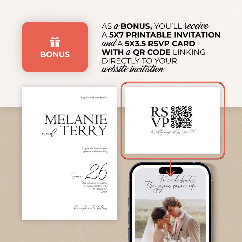 Digitale Hochzeitseinladung mit Countdown, Musik, Details und nachverfolgbarer Antwortmöglichkeit (bearbeitbare Canva-Vorlage) + Bonus Bild 2