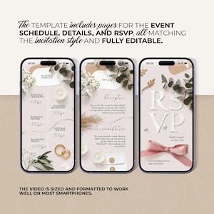 Op de afbeelding: Drie smartphones met sjablonen voor huwelijksuitnodigingen. De schermen tonen evenementdetails, waaronder een tijdlijn, receptie-informatie en RSVP-details. Het ontwerp heeft bloemaccenten en elegante typografie. De tekst zegt dat de sjabloon volledig bewerkbaar is.