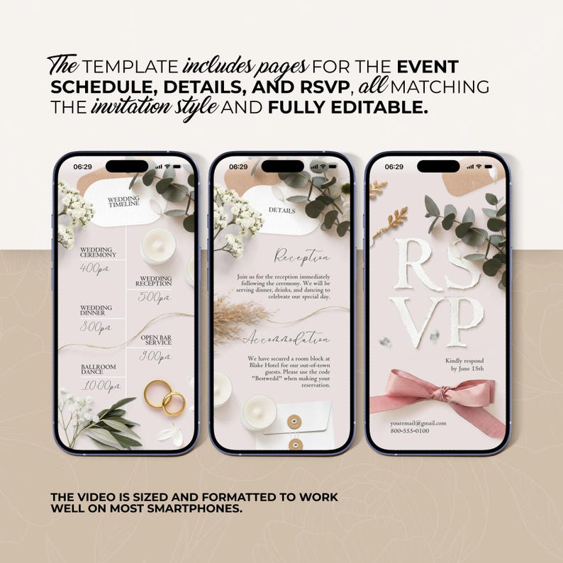Op de afbeelding: Drie smartphones met sjablonen voor huwelijksuitnodigingen. De schermen tonen evenementdetails, waaronder een tijdlijn, receptie-informatie en RSVP-details. Het ontwerp heeft bloemaccenten en elegante typografie. De tekst zegt dat de sjabloon volledig bewerkbaar is.