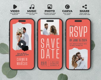 Wedding Retro Video Invitation, Animated Save the Date Template, Canva Template with Your Own Photo and Music, Instant Download, BW008