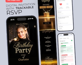 Black & Gold Birthday Party Digital Invitation: Photo, RSVP, Gift Registry (Canva Template)