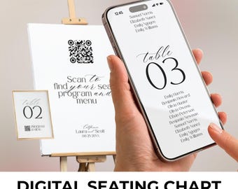 May include: A digital seating chart for a wedding or event. The chart is displayed on a smartphone screen and shows a QR code that guests can scan to find their seat, program, and menu. The text on the screen reads "Table 03" and lists the names of the guests seated at that table.