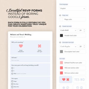 K&ouml;nnte beinhalten: Eine digitale RSVP-Formularvorlage mit anpassbarem Design. Das Formular enth&auml;lt Felder f&uuml;r Name, G&auml;steanzahl und Ern&auml;hrungsanforderungen. Der Text lautet "Beautiful RSVP Forms Instead of Boring Google Forms."