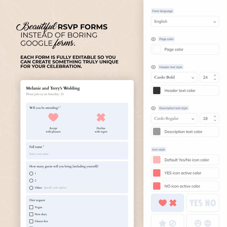 K&ouml;nnte beinhalten: Eine digitale RSVP-Formularvorlage mit anpassbarem Design. Das Formular enth&auml;lt Felder f&uuml;r Name, G&auml;steanzahl und Ern&auml;hrungsanforderungen. Der Text lautet "Beautiful RSVP Forms Instead of Boring Google Forms."