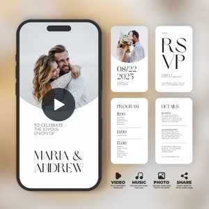 Wedding Video Invitation Canva Template, Animated Digital Invitation with RSVP, Details & Program, Add Your Own Photo and Music, BW011