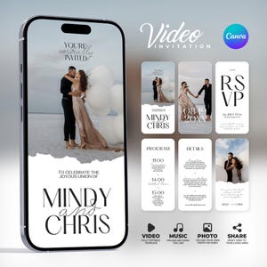 Animated Wedding Video Invitation Template: Add Photo & Music, RSVP, Details, Program (Canva) BW025