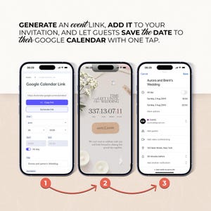 K&ouml;nnte beinhalten: Drei Smartphones zeigen Funktionen einer Hochzeitsplanungs-App. Das erste zeigt einen Google Kalender-Link, das zweite einen Countdown und das dritte ein Hochzeitsevent mit Details. Der Text lautet: "ERSTELLEN Sie einen Event-Link, F&Uuml;GEN Sie ihn Ihrer Einladung hinzu und lassen Sie die G&auml;ste das Datum speichern."