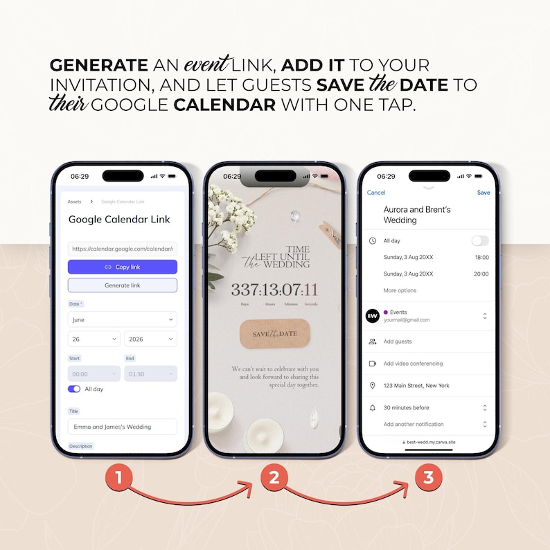 K&ouml;nnte beinhalten: Drei Smartphones zeigen Funktionen einer Hochzeitsplanungs-App. Das erste zeigt einen Google Kalender-Link, das zweite einen Countdown und das dritte ein Hochzeitsevent mit Details. Der Text lautet: "ERSTELLEN Sie einen Event-Link, F&Uuml;GEN Sie ihn Ihrer Einladung hinzu und lassen Sie die G&auml;ste das Datum speichern."