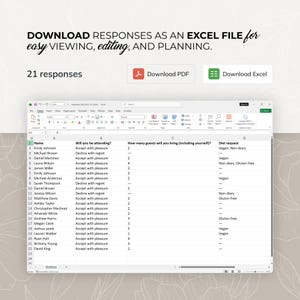 May include: A computer screen displays an Excel spreadsheet with a list of names, attendance responses, guest counts, and dietary requests. The text "DOWNLOAD RESPONSES AS AN EXCEL FILE" is at the top, along with PDF and Excel download buttons.