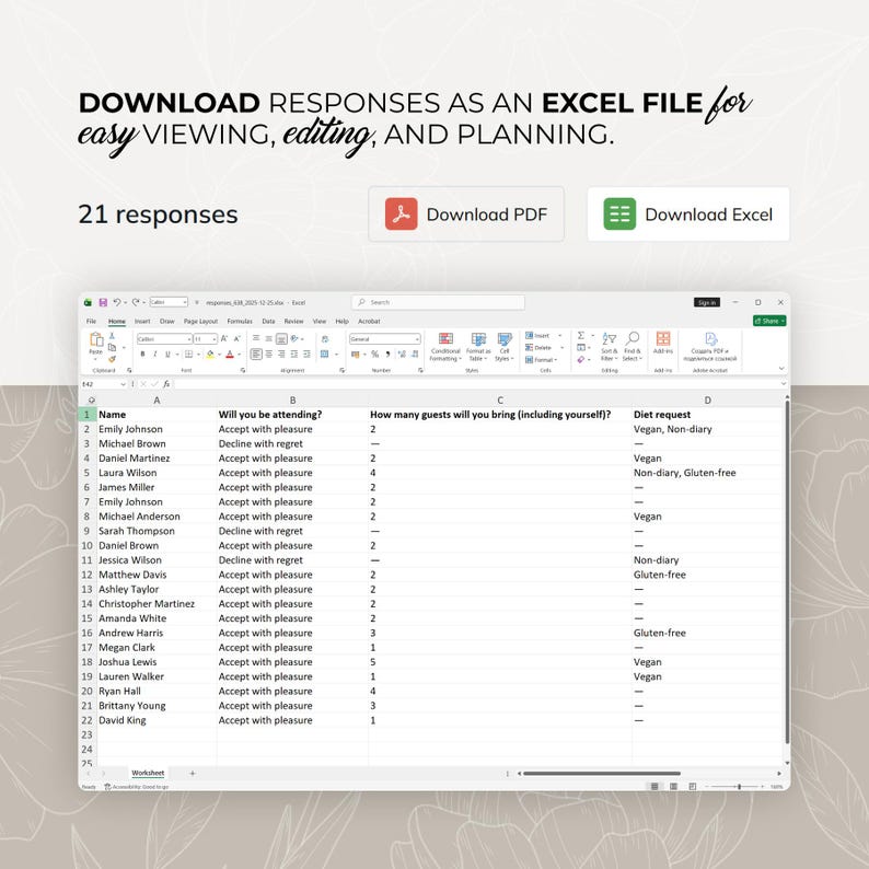May include: A computer screen displays an Excel spreadsheet with a list of names, attendance responses, guest counts, and dietary requests. The text "DOWNLOAD RESPONSES AS AN EXCEL FILE" is at the top, along with PDF and Excel download buttons.
