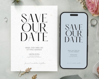 Minimalist Save Our Date Cards, Minimal Save the Date Card Template, Modern Canva Template with Option for Phone, Instant Download, BW025