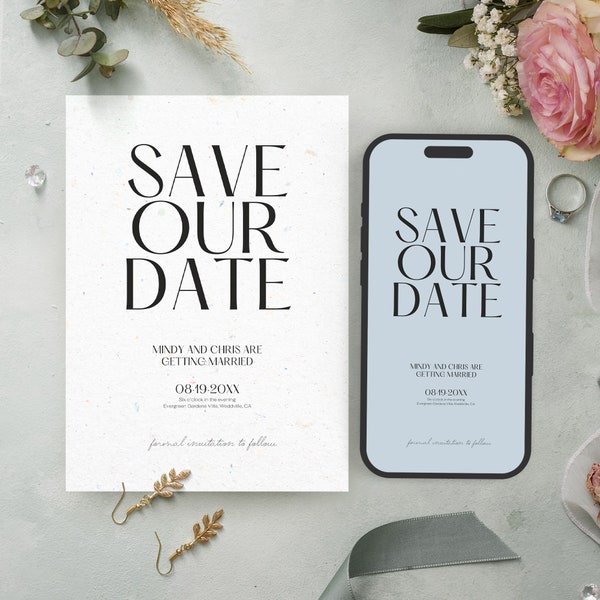 Minimalist Save Our Date Cards, Minimal Save the Date Card Template, Modern Canva Template with Option for Phone, Instant Download, BW025