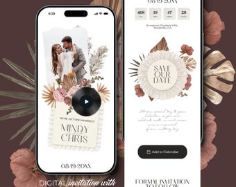 Digital Invitation Template with Vinyl Player Music, Wedding Website, Save The Date, Countdown Timer, Trackable RSVP, Pampas Floral Style