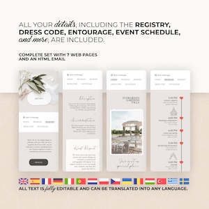 K&ouml;nnte beinhalten: Eine Hochzeit Website Vorlage mit sieben Webseiten und einer HTML-E-Mail. Das Design umfasst Abschnitte f&uuml;r Details, Register, Kleiderordnung, Entourage, Veranstaltungsplan und mehr. Der Text ist vollst&auml;ndig bearbeitbar und &uuml;bersetzbar.