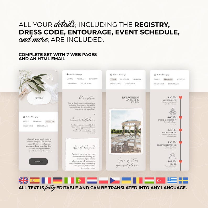 K&ouml;nnte beinhalten: Eine Hochzeit Website Vorlage mit sieben Webseiten und einer HTML-E-Mail. Das Design umfasst Abschnitte f&uuml;r Details, Register, Kleiderordnung, Entourage, Veranstaltungsplan und mehr. Der Text ist vollst&auml;ndig bearbeitbar und &uuml;bersetzbar.