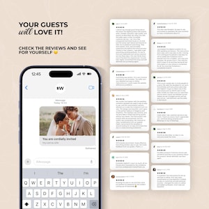 K&ouml;nnte beinhalten: Ein Smartphone-Bildschirm zeigt eine Hochzeits-Einladungsnachricht mit einem Foto eines Paares. Der Text lautet "You are cordially invited." Bewertungen werden rechts angezeigt, mit dem Text "YOUR GUESTS will LOVE IT! CHECK THE REVIEWS AND SEE FOR YOURSELF."