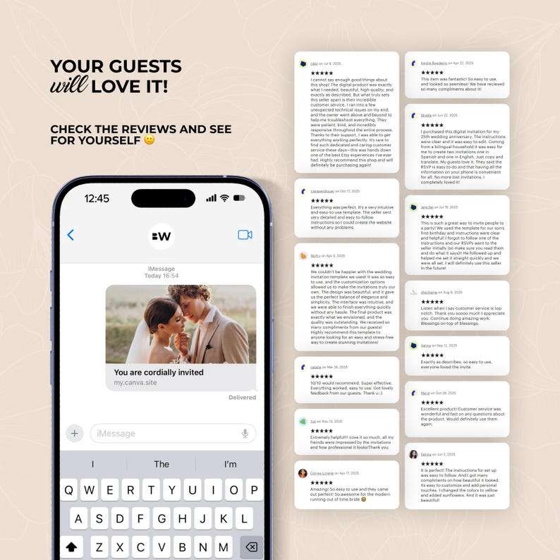 K&ouml;nnte beinhalten: Ein Smartphone-Bildschirm zeigt eine Hochzeits-Einladungsnachricht mit einem Foto eines Paares. Der Text lautet "You are cordially invited." Bewertungen werden rechts angezeigt, mit dem Text "YOUR GUESTS will LOVE IT! CHECK THE REVIEWS AND SEE FOR YOURSELF."