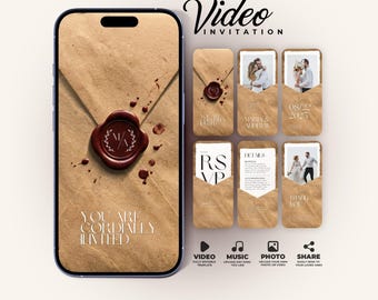Wedding Video Invitation with Opening Envelope and Wax Seal: Digital Invite (Canva Template) BW011