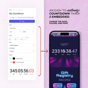 May include: A smartphone screen displays a countdown timer with the text "The Celebration Begins In..." and a countdown of 233 days, 10 hours, 38 minutes, and 47 seconds. The app also features a gift registry with Amazon and Target buttons.