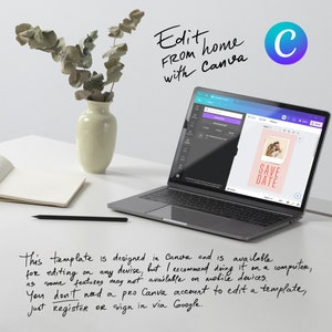 May include: A laptop computer displaying a Canva design template with the text "Save the Date" on a pink background. The text "Edit from home with Canva" is written in black on a white background. The Canva logo is a white "C" inside a purple circle.