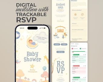 Star and Moon Baby Shower Invitation, Trackable RSVP, Editable Digital Evite (Canva Template)