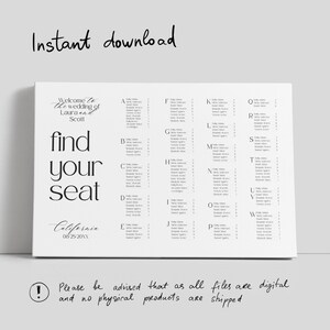 Alphabetical Seating Chart Template, Horizontal Wedding Seating ...