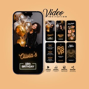Puede incluir: Una invitación de video digital para el 19 cumpleaños de Olivia, con una mujer y globos. La invitación incluye detalles del evento, información de RSVP y opciones para agregar música, fotos y compartir. El diseño es en negro y dorado.