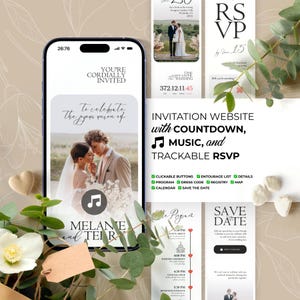 Wedding Invitation Website with Music, Save the Date, Countdown, Trackable RSVP, Registry, Program (Digital invite Canva Template) BW016