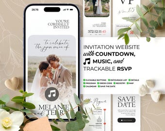 Wedding Invitation Website with Music, Save the Date, Countdown, Trackable RSVP, Registry, Program (Digital invite Canva Template) BW016