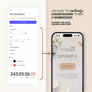 K&ouml;nnte beinhalten: Ein Smartphone-Bildschirm zeigt einen Hochzeits-Countdown-Timer mit dem Text "Time Left Until The Wedding". Der Timer zeigt Tage, Stunden, Minuten und Sekunden an. Die App-Oberfl&auml;che erm&ouml;glicht die Anpassung von Datum, Farben und Schriftart.