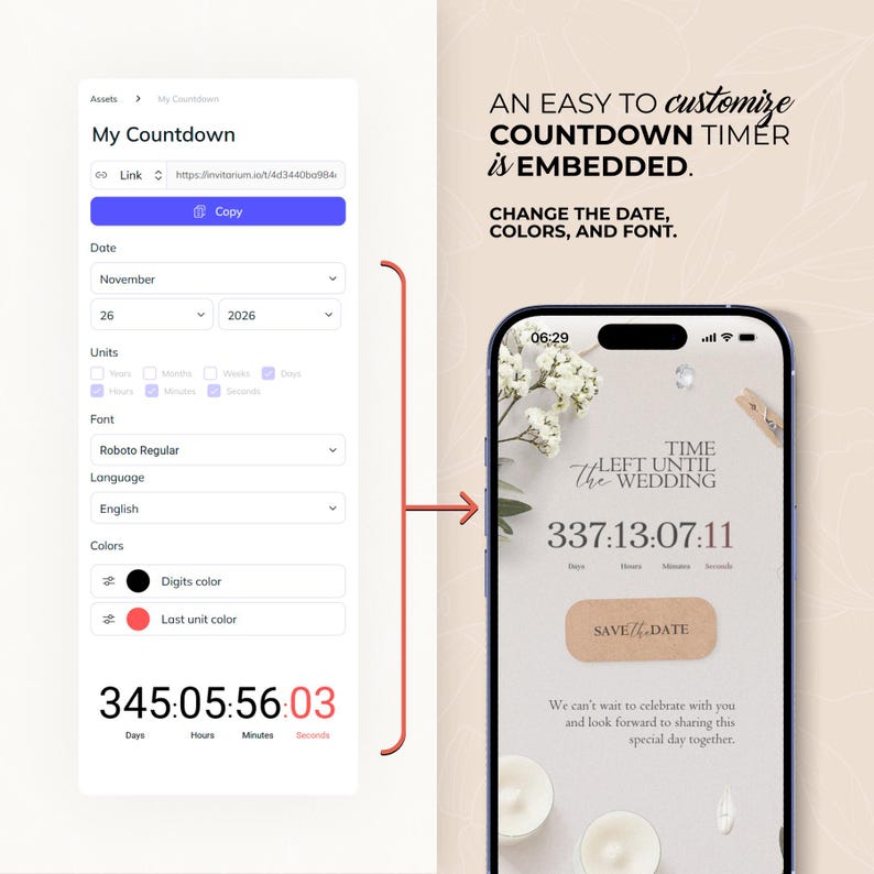 K&ouml;nnte beinhalten: Ein Smartphone-Bildschirm zeigt einen Hochzeits-Countdown-Timer mit dem Text "Time Left Until The Wedding". Der Timer zeigt Tage, Stunden, Minuten und Sekunden an. Die App-Oberfl&auml;che erm&ouml;glicht die Anpassung von Datum, Farben und Schriftart.