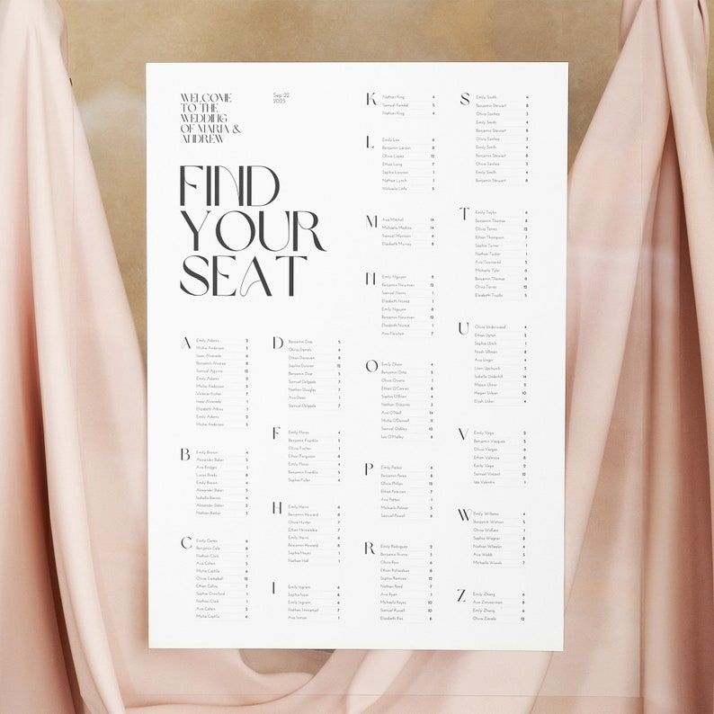 Seating Letters Modern Wedding Seating Chart: Alphabetical, Vertical Sign (canva ...
