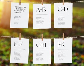 Wedding Seating Arrangement Template, Alphabetical Seating Chart Cards, 4x6, 5x7, A5, A6, Editable Canva Template, Instant Download, BW011