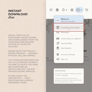 K&ouml;nnte beinhalten: Screenshot eines Etsy-Kontomen&uuml;s, das die Option "K&auml;ufe und Bewertungen" hervorhebt. Der Text erkl&auml;rt digitale Downloads, Vorlagen und Anpassungen. Der Hintergrund hat eine weiche, neutrale Farbpalette.