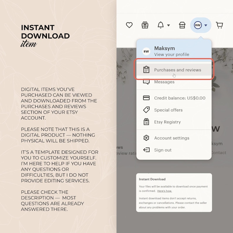 K&ouml;nnte beinhalten: Screenshot eines Etsy-Kontomen&uuml;s, das die Option "K&auml;ufe und Bewertungen" hervorhebt. Der Text erkl&auml;rt digitale Downloads, Vorlagen und Anpassungen. Der Hintergrund hat eine weiche, neutrale Farbpalette.