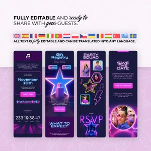 May include: A digital invitation design with a dark purple background. The design includes event details, a gift registry, and RSVP information. The text is fully editable and ready to share with guests.
