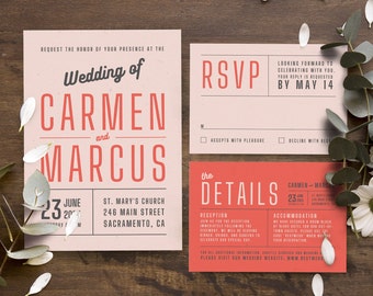 Retro Wedding Invitation Suite, Vintage-inspired Invite, Wedding Set, Pink and Red Retro Design, Canva Template, Instant Download, BW008