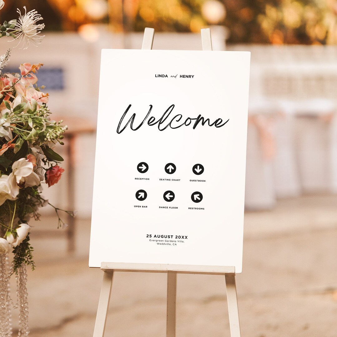 Welcome Direction Sign Wedding Welcome Sign With Directional Signs, Modern Welcome Sign With ...