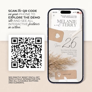 K&ouml;nnte beinhalten: Ein Smartphone zeigt eine Hochzeitseinladung f&uuml;r Melanie und Terry, datiert auf den 26. Juni. Neben dem Telefon wird ein QR-Code angezeigt, mit dem Text "Scannen Sie den QR-Code auf Ihrem Telefon, um die Demo-Site zu erkunden."