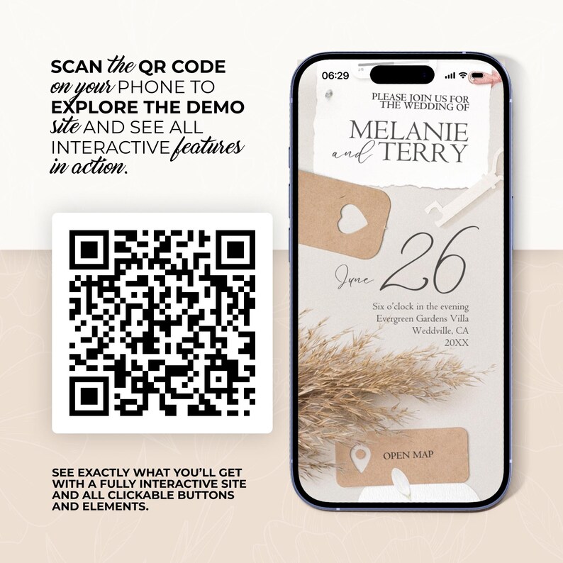 K&ouml;nnte beinhalten: Ein Smartphone zeigt eine Hochzeitseinladung f&uuml;r Melanie und Terry, datiert auf den 26. Juni. Neben dem Telefon wird ein QR-Code angezeigt, mit dem Text "Scannen Sie den QR-Code auf Ihrem Telefon, um die Demo-Site zu erkunden."